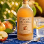 avantages et inconvenients du vinaigre de cidre sur table en bois avec pommes et flacon
