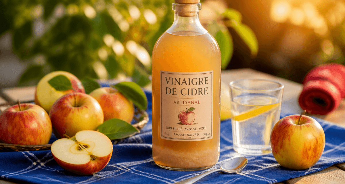 avantages et inconvenients du vinaigre de cidre sur table en bois avec pommes et flacon