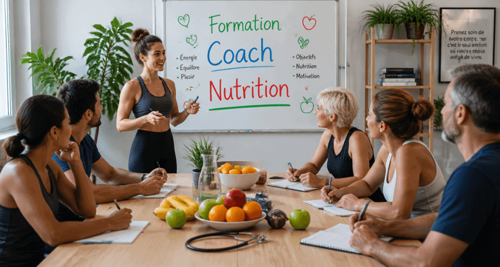 Coach en nutrition formation, atelier avec groupe et fruits