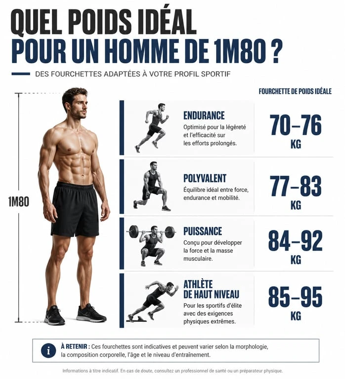 Infographie des fourchettes de poids idéal pour homme sportif de 1m80