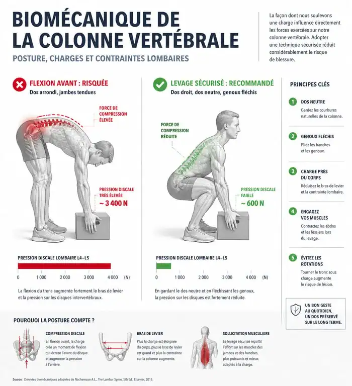 Infographie des mouvements à éviter et postures sécurisées pour une hernie discale