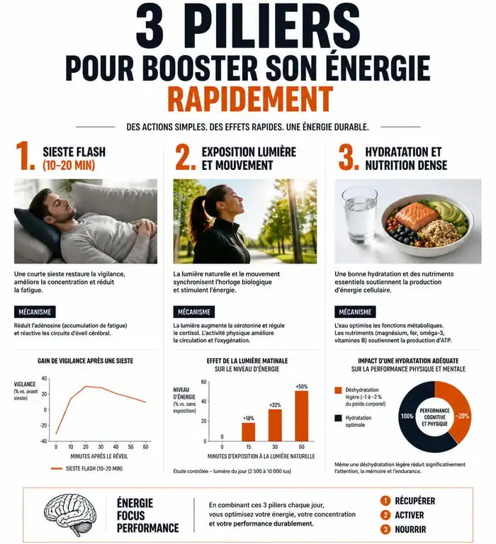 Infographie sur comment avoir de l'énergie rapidement via la sieste, la lumière et l'alimentation