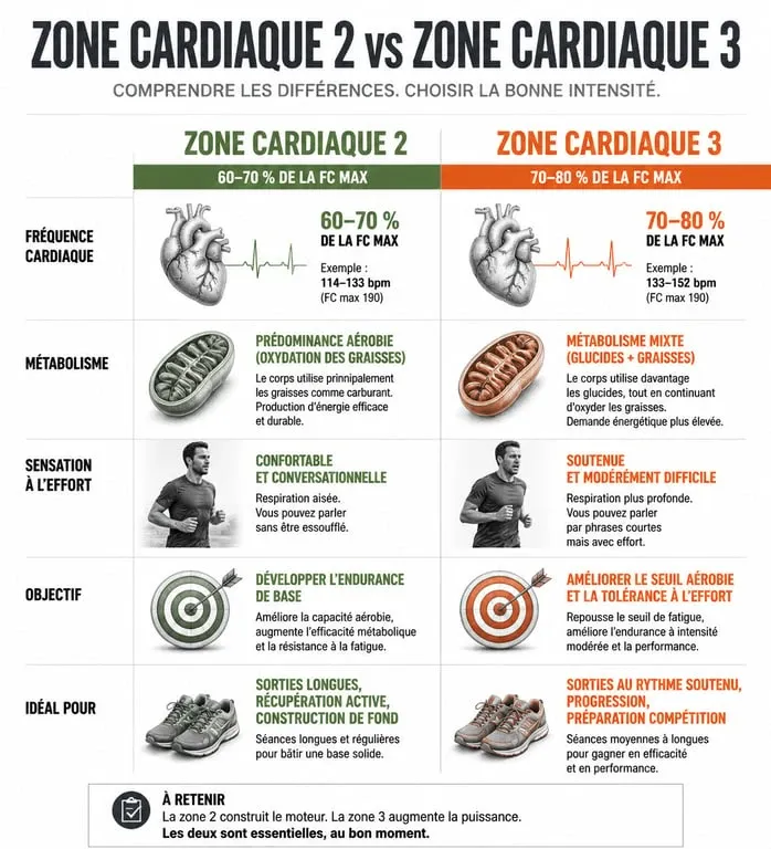Infographie comparative des zones 2 et 3 pour l'endurance fondamentale en course à pied