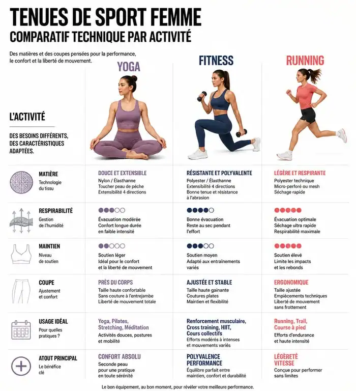 Infographie comparative des tenues salle de sport femme selon l'activité