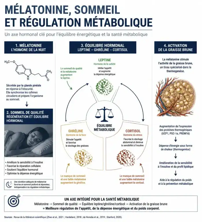 Infographie sur le lien entre mélatonine et poids corporel : régulation hormonale et métabolisme