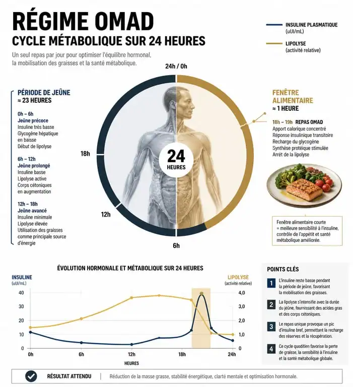 Schéma du cycle métabolique et perte de poids avec le régime OMAD