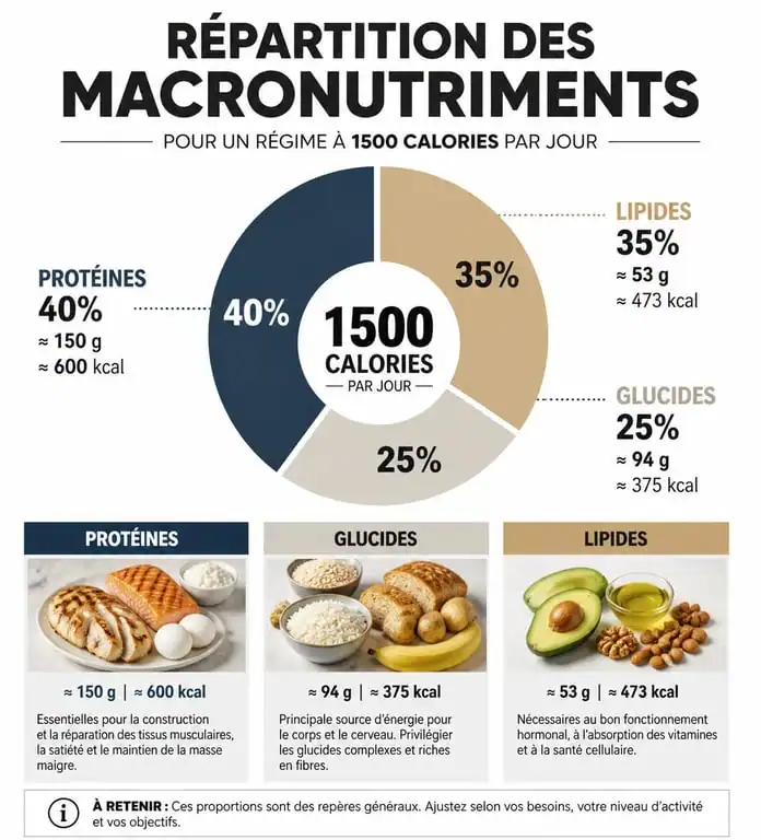 Infographie de la répartition des macronutriments pour un régime à 1500 calories par jour