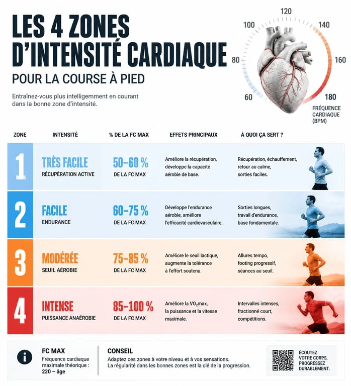 Infographie des zones de fréquence cardiaque en course à pied pour optimiser son entraînement