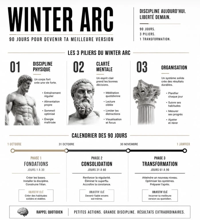 Infographie des piliers et calendrier du challenge Winter Arc pour une transformation physique et mentale