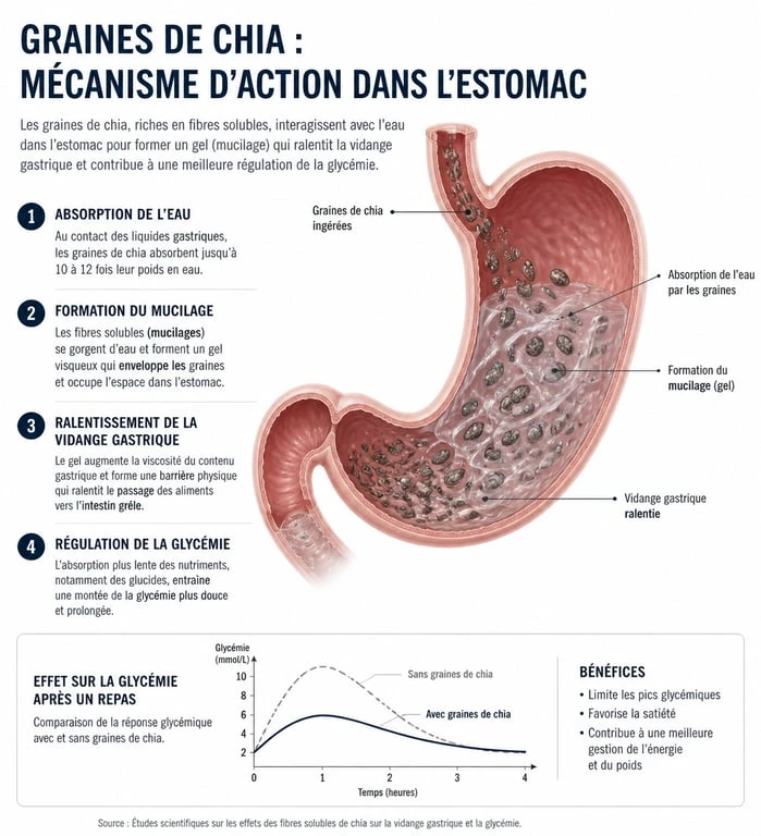 Infographie sur les bienfaits des graines de chia pour la perte de poids et le mécanisme de satiété