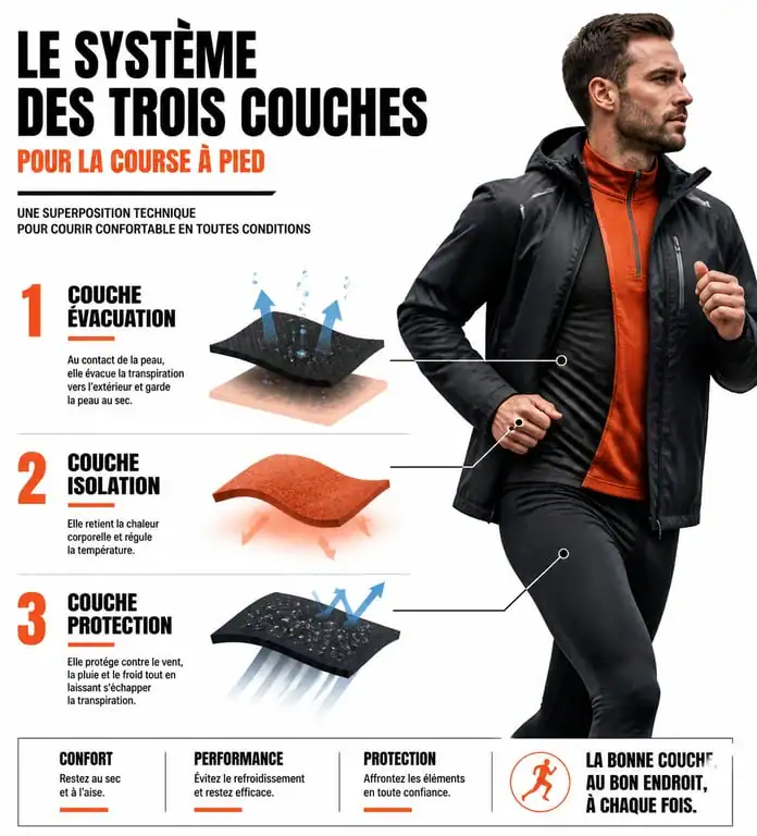 Infographie du système des trois couches pour une tenue de running homme efficace