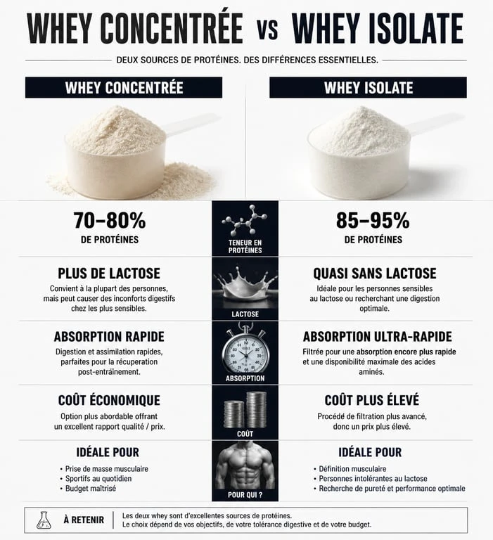 Comparatif visuel des différences entre la whey concentrée et la whey isolate pour la nutrition sportive