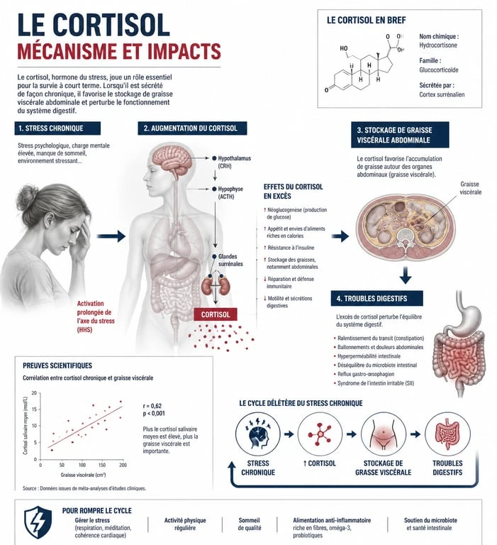 Infographie expliquant le lien entre taux de cortisol élevé et ventre gonflé