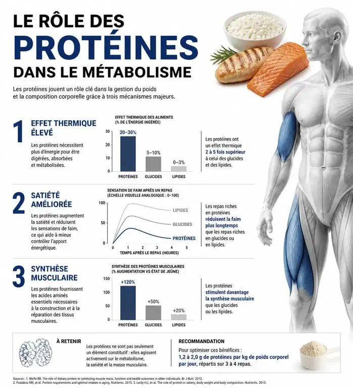 Infographie sur les bienfaits des protéines et leur impact sur le métabolisme et la satiété