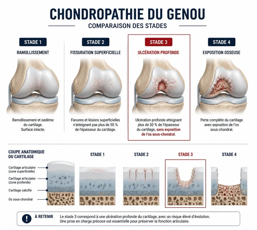 Schéma des stades de chondropathie du genou et usure du cartilage