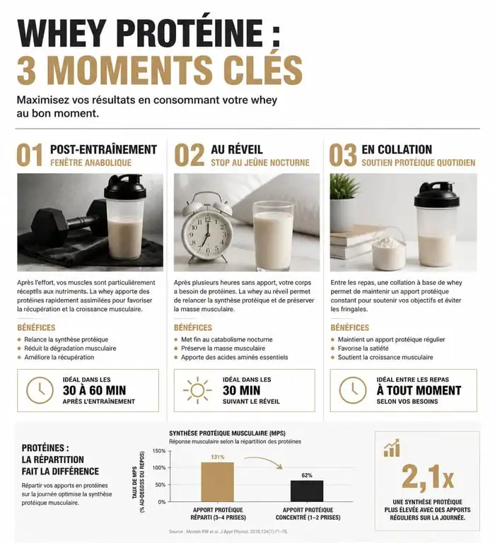 Infographie sur le timing optimal pour prendre de la whey protéine selon les objectifs sportifs