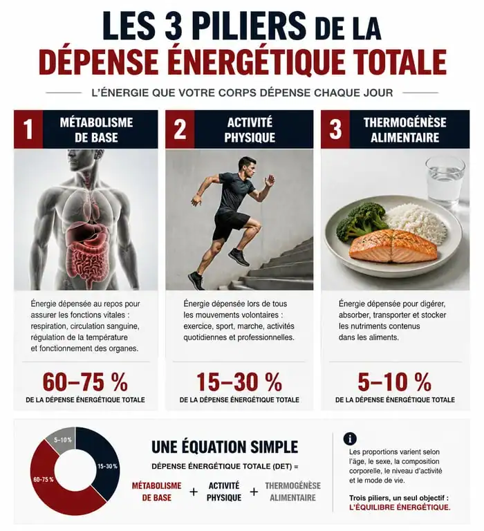 Infographie des piliers de la dépense énergétique totale et du besoin journalier en calories