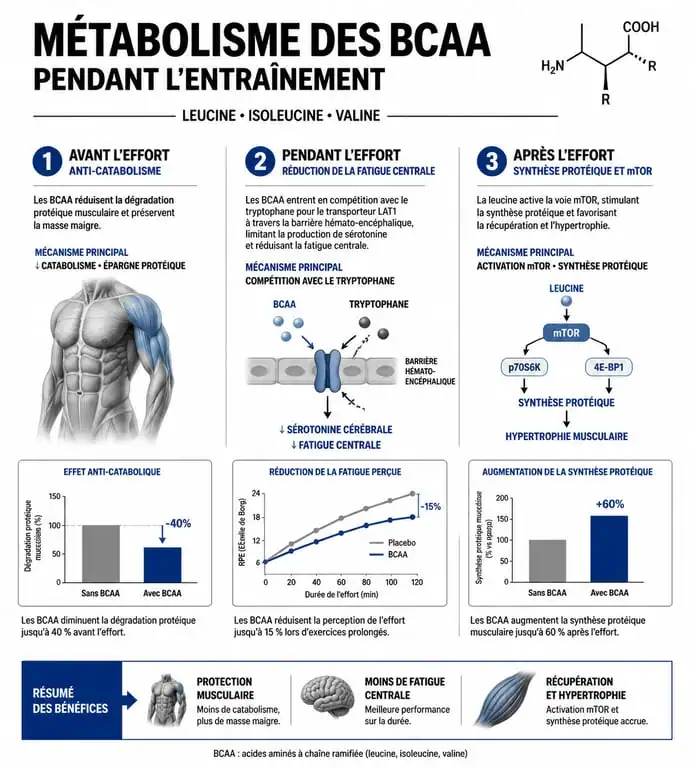 Infographie sur le timing optimal de consommation des BCAA pour la musculation et la récupération