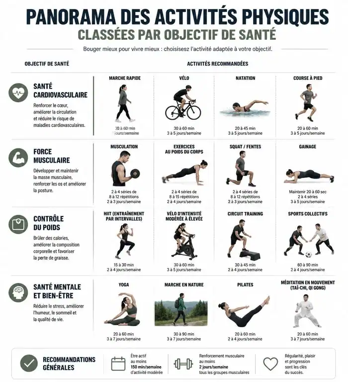 Infographie des activités sportives recommandées selon les objectifs de santé et l'intensité