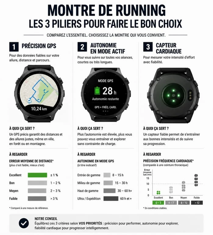 Infographie comparative des critères de choix pour une montre de running GPS
