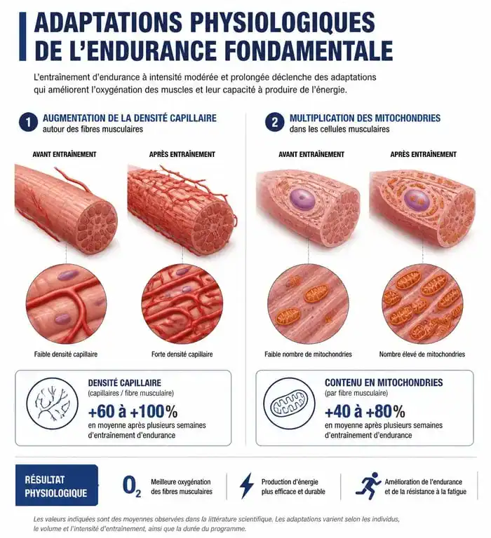 Infographie des bénéfices physiologiques de l'endurance fondamentale sur les muscles