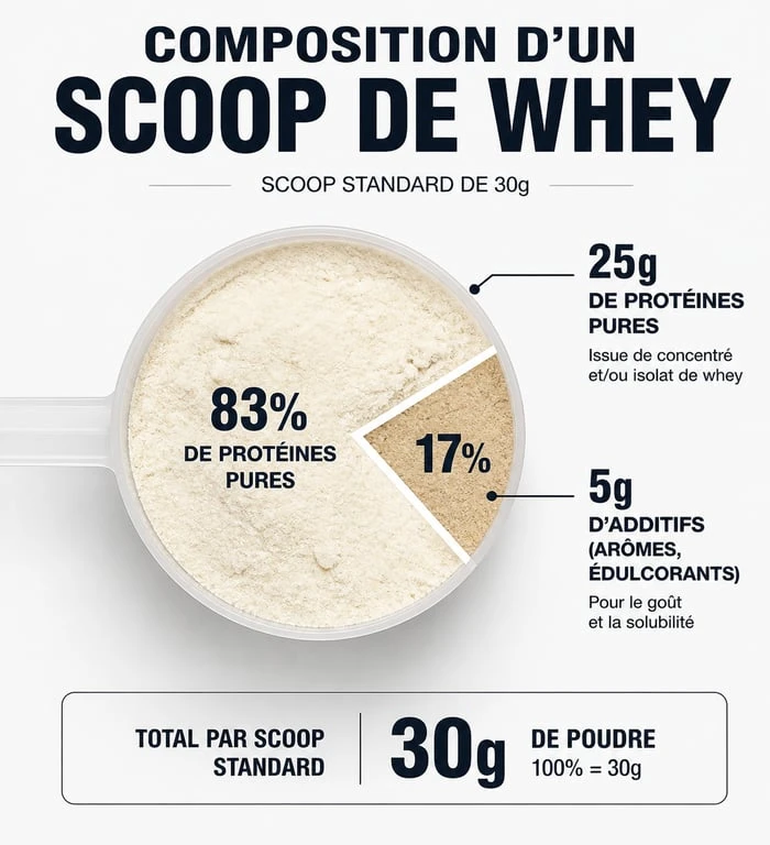 Infographie montrant la composition d'un scoop de whey de 30 grammes en protéines et additifs