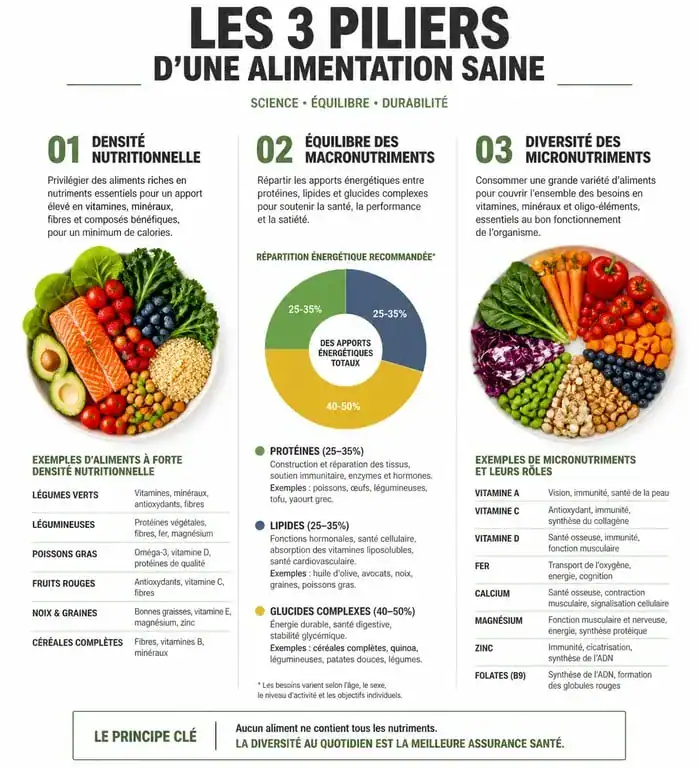 Infographie sur les principes de la nourriture healthy et l'équilibre nutritionnel