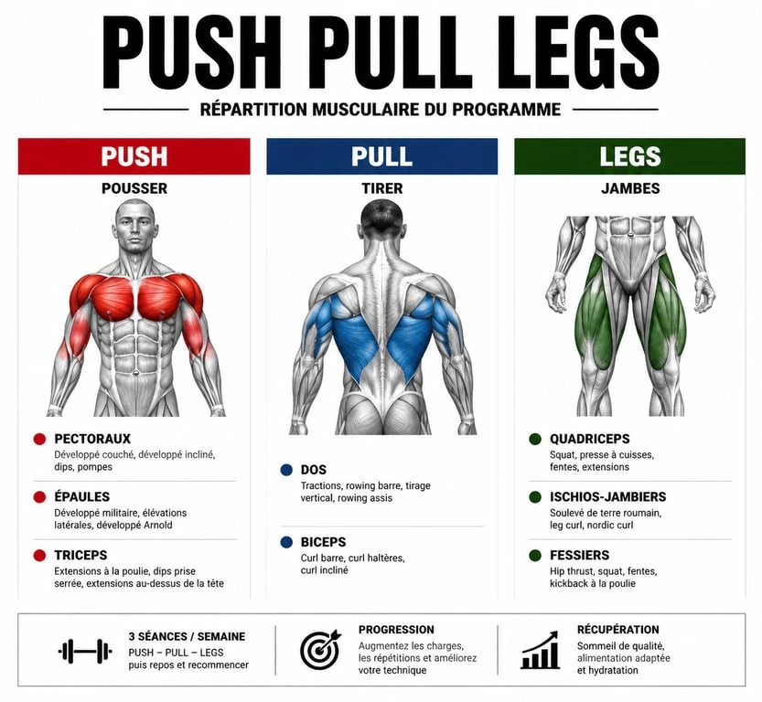 Schéma explicatif des groupes musculaires sollicités par le programme d'entraînement Push Pull Legs