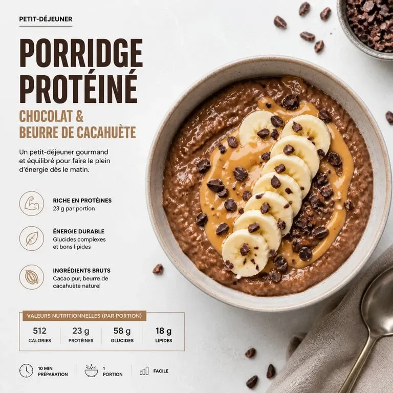 Bol de porridge protéiné au chocolat et beurre de cacahuète, petit-déjeuner sain et nutritif