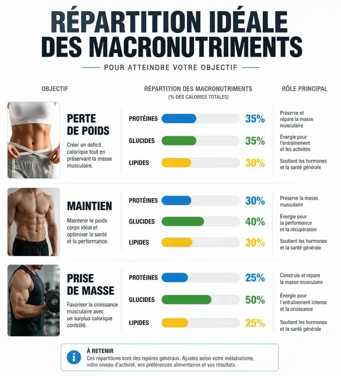Infographie de répartition des macronutriments pour le calculateur de macros gratuit