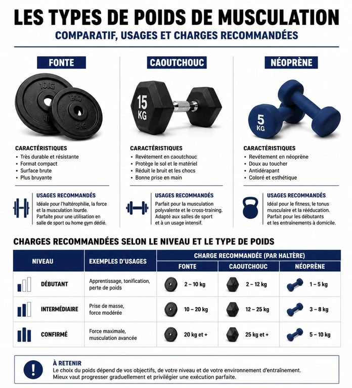 Infographie comparative des poids de musculation et charges recommandées par niveau