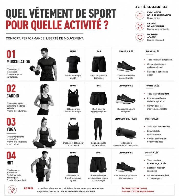 Infographie récapitulative des vêtements pour salle de sport recommandés selon l'activité physique