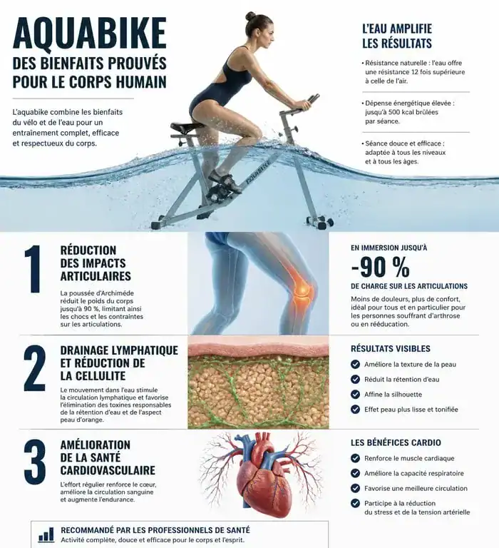 Infographie des bienfaits de l'aquabike sur la santé et la silhouette