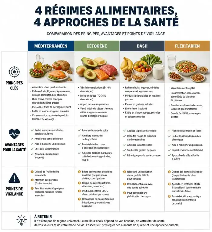 Infographie comparative des meilleurs régimes pour perdre du poids : méditerranéen, keto, DASH et flexitarien.
