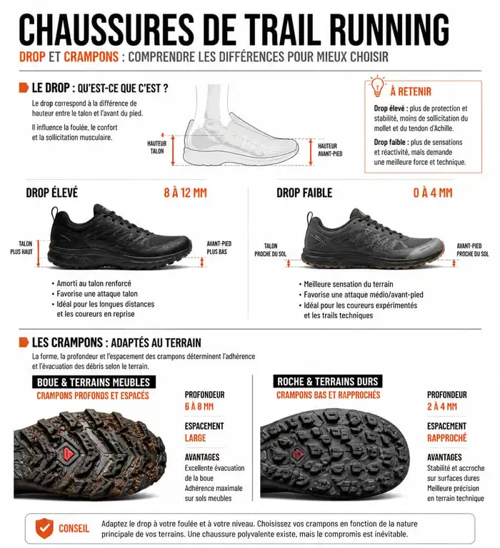 Infographie technique sur le choix des chaussures de trail running : drop et crampons
