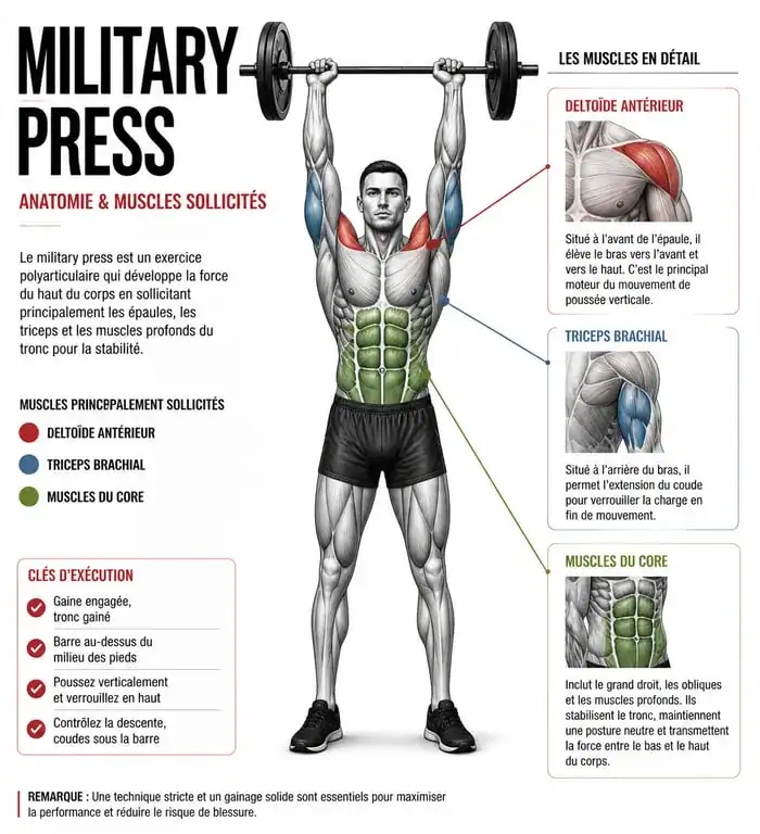 Schéma anatomique des muscles sollicités lors du développé militaire