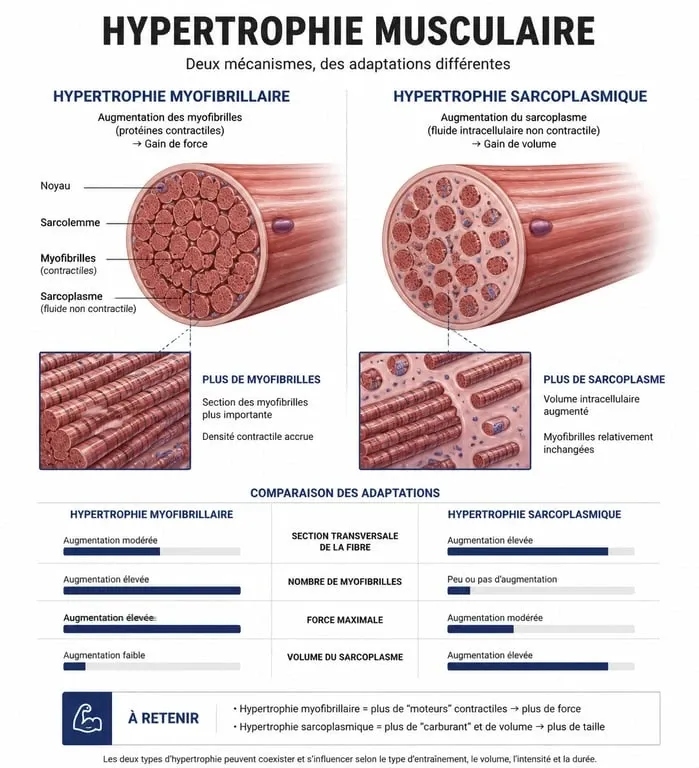 Infographie expliquant l'hypertrophie myofibrillaire et sarcoplasmique pour la croissance musculaire