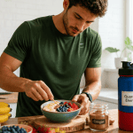 Sportif prépare smoothie bowl guarana énergie