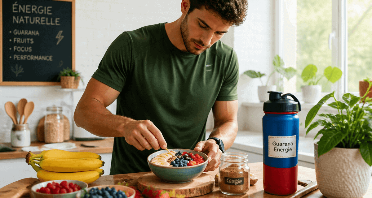Sportif prépare smoothie bowl guarana énergie