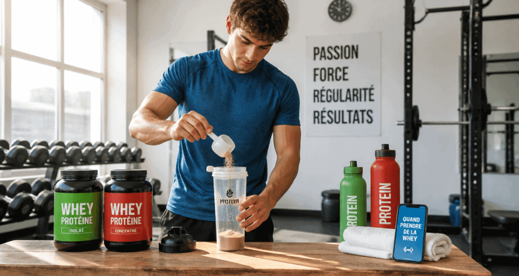 Quand prendre de la whey, jeune homme avec shaker à la salle de sport