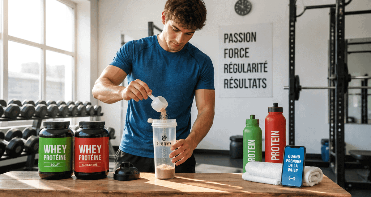 Quand prendre de la whey, jeune homme avec shaker à la salle de sport