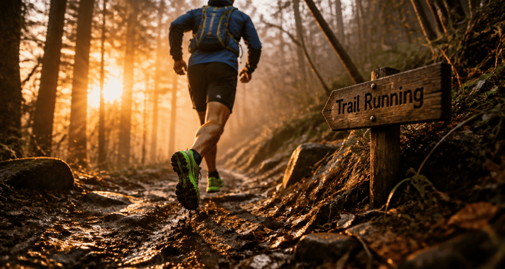 Coureur running trail sur sentier forestier