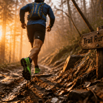 Coureur running trail sur sentier forestier