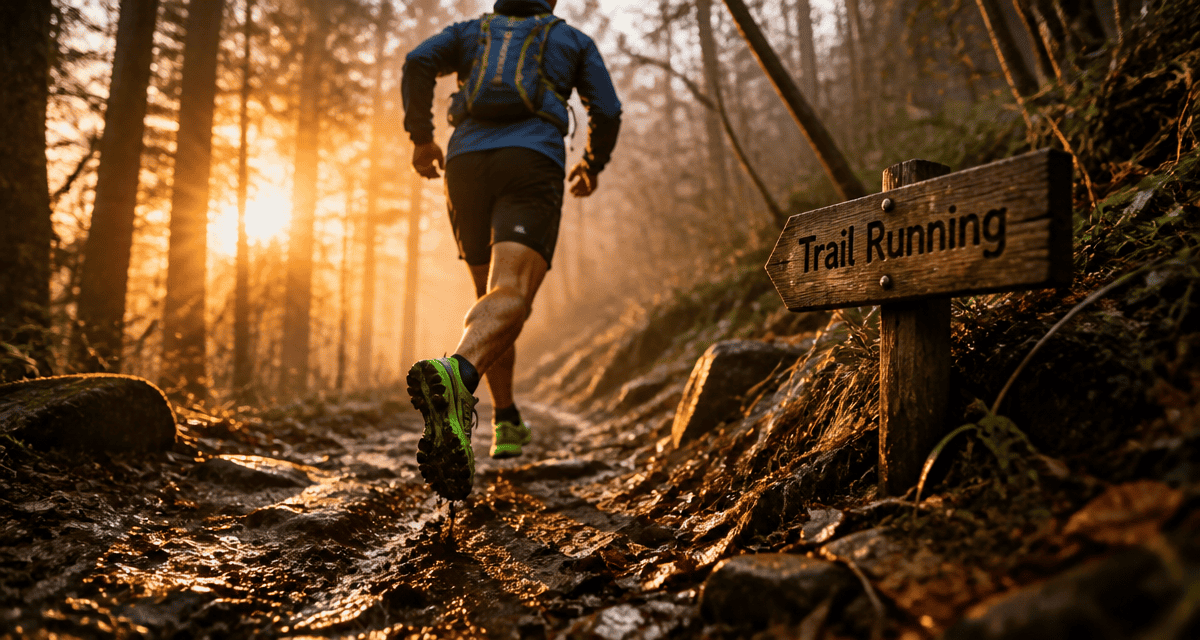 Coureur running trail sur sentier forestier