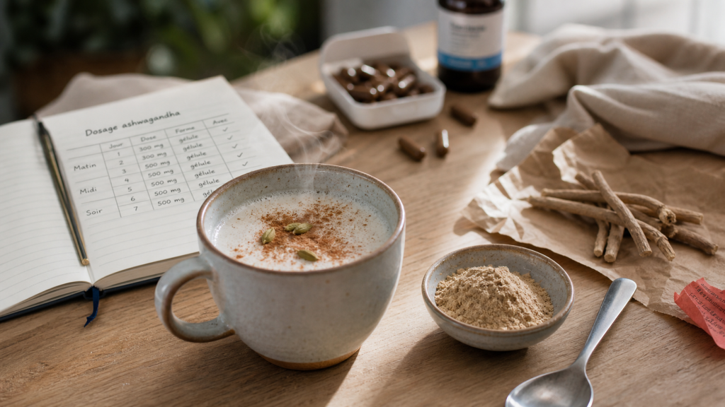 Ashwagandha dosage par jour : poudre dans le lait moon