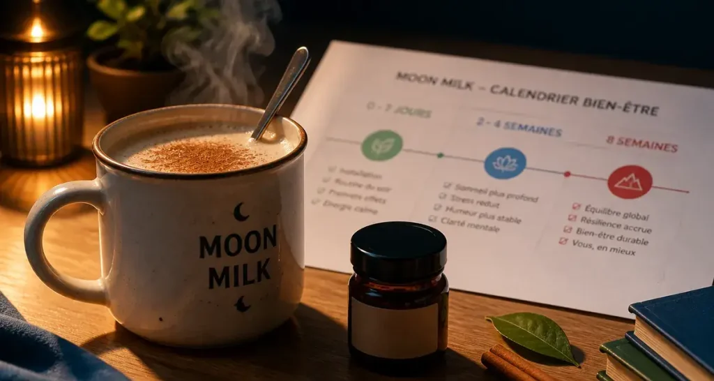 Ashwagandha : effet au bout de combien de temps, stress 2 semaines, énergie 8 semaines (tasse moon milk et calendrier).