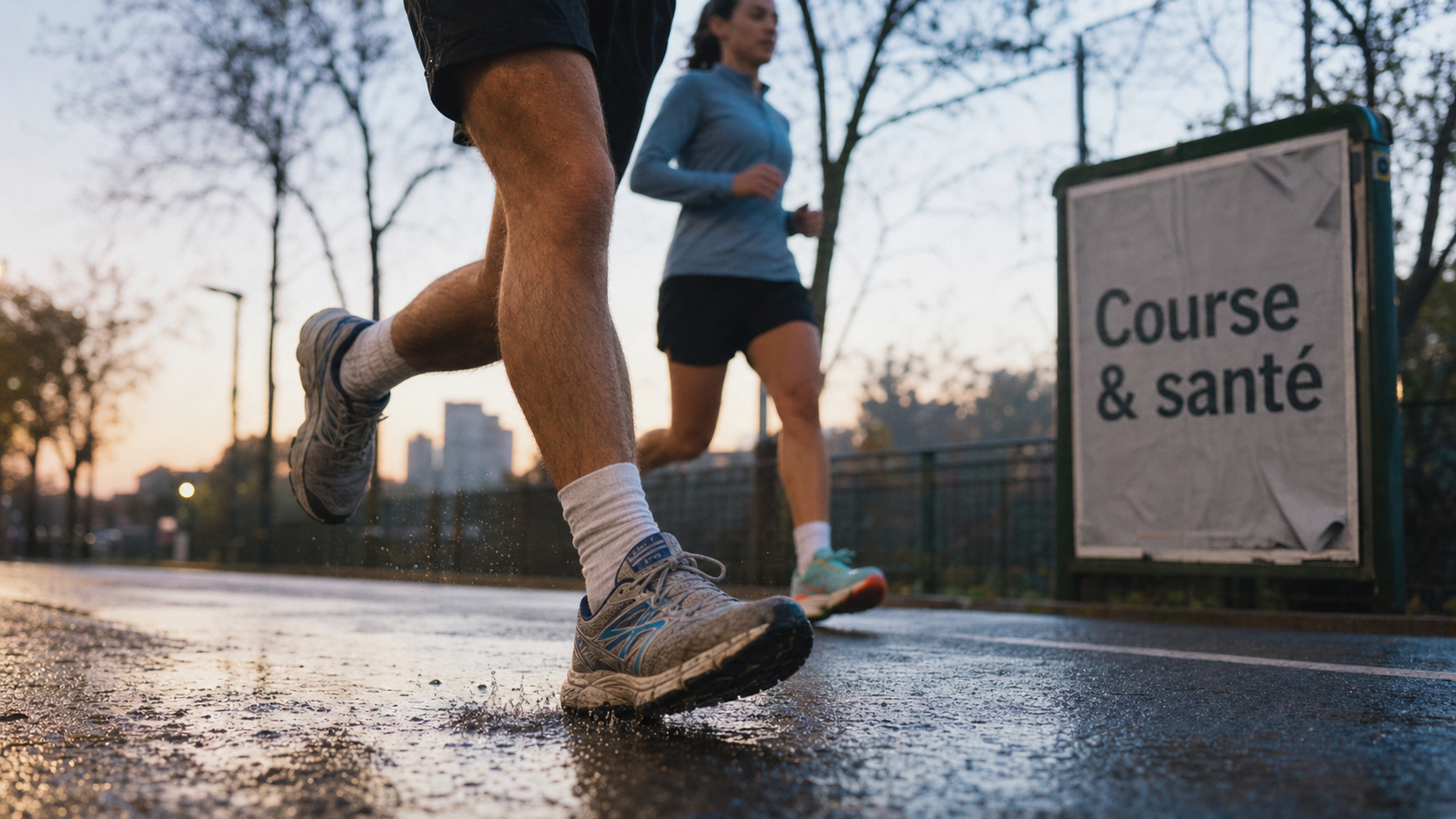 Bienfaits de la course a pied : coureur débutant et coureuse aguerrie sur sentier au petit matin