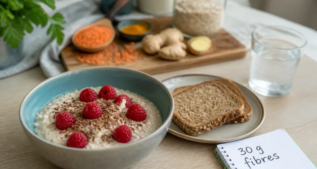 Combien de gramme de fibre par jour : 30 g, porridge fibres et eau