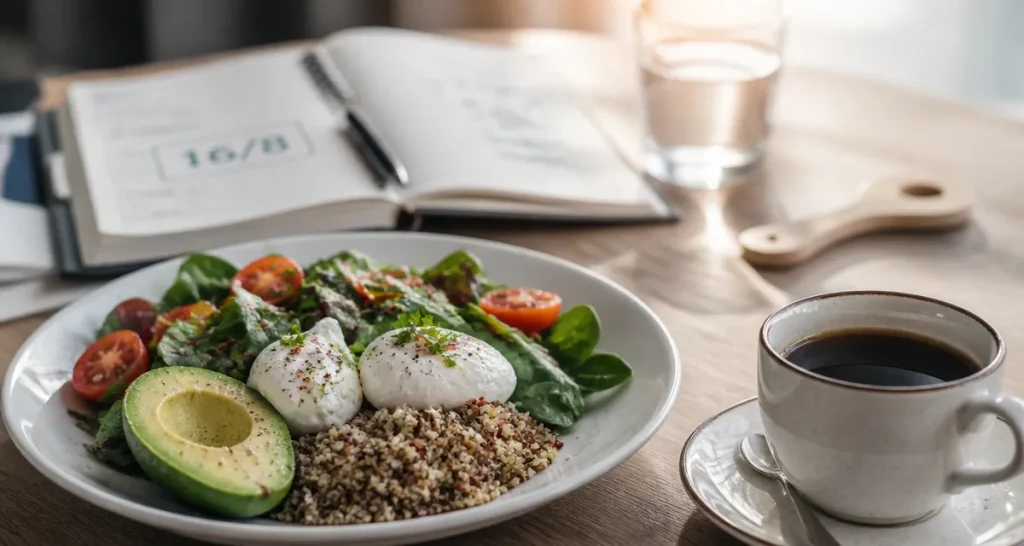 Comment faire le jeune intermittent 16/8 : repas léger avec salade, œufs et quinoa