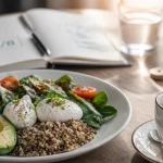 Comment faire le jeune intermittent 16/8 : repas léger avec salade, œufs et quinoa